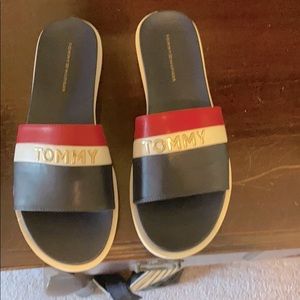 Size 7 beach slides, never worn, red white & blue
